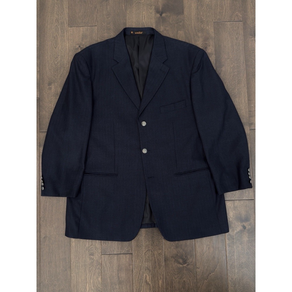 Emilio Mens Sports Coat Suit Jacket Navy Blue Herringbone Size 48R Metal Buttons
